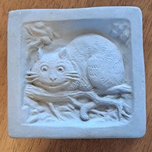 Vintage Cheshire Cat Hand Cast Stone Wall Whimsy Plaque, White Swan.